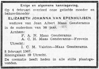 Overlijdensbericht E.J. van Epenhuijsen (1868-1967)
